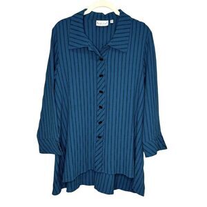 Habitat Shirt Womens Small Blue Striped Button Front Tunic High Low Artsy